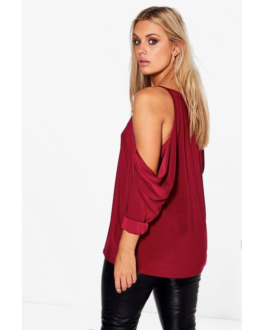 Boohoo Plus Lace Trim V Neck Cold Shoulder Top in Red - Lyst