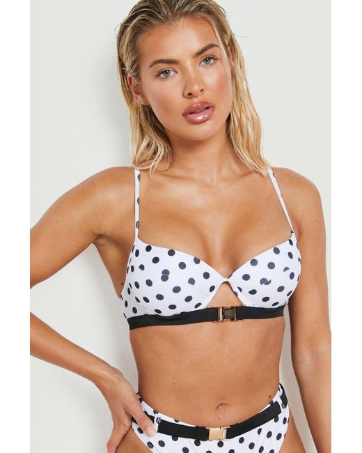 Womens Clothing Suits Boohoo Polka Dot Underwired Belted Bikini Top in White 