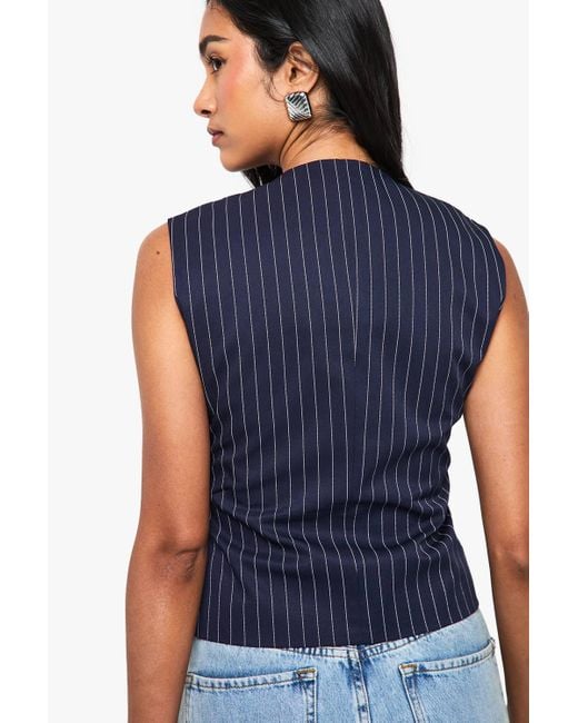Boohoo Blue Pinstripe Tailored Button Waistcoat