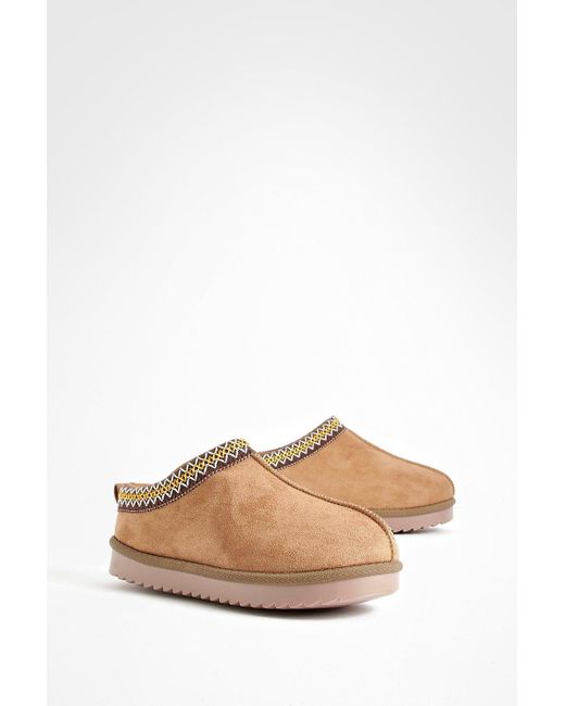 Boohoo Natural Embroidered Slip On Cosy Mules