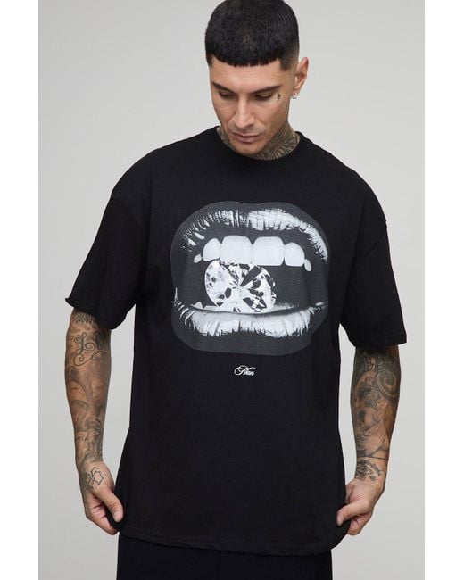 BoohooMAN Black Tall Oversized Foil Print Diamond Lips Print T-Shirt for men