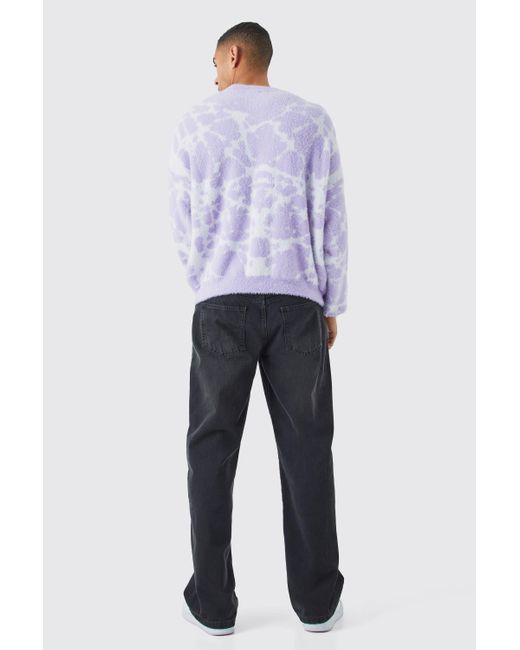 BoohooMAN Purple Fluffy Abstract Knitted Boxy Jumper for men