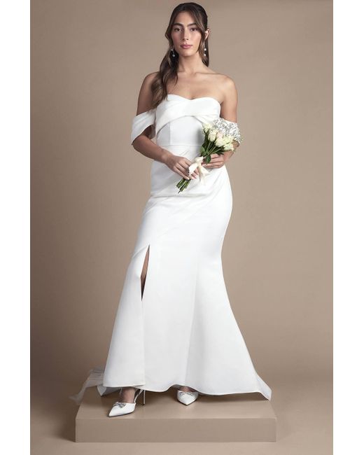 Coast Natural Bardot Twist Structured Satin Maxi Wedding Dress With Fishtail Train