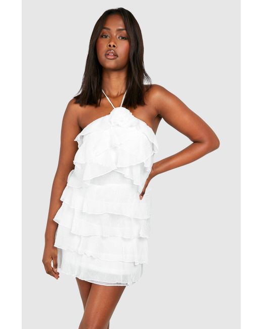 Boohoo White Floral Textured Tiered Mini Smock Dress