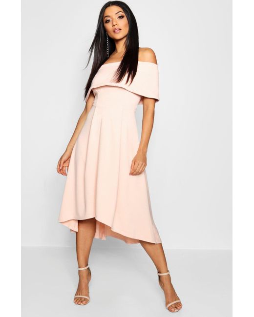 off the shoulder dip hem skater dress