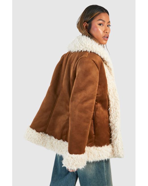 Boohoo Brown Faux Fur Trim Suede Look Coat