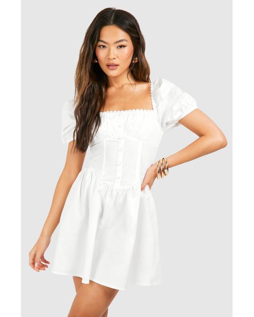 Boohoo White Puff Sleeve Cotton Rouched Milkmaid Mini Dress