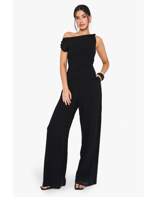 Boohoo Black Tall Linen Look Twist Strap Jumpsuit