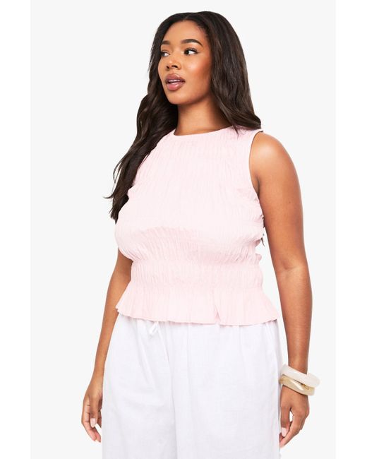 Boohoo White Plus Shirred Peplum Top