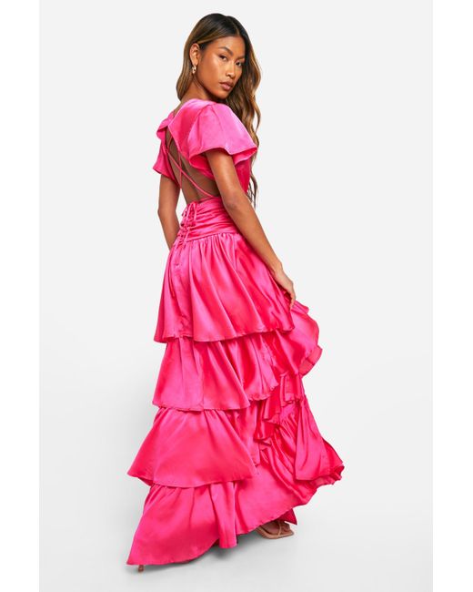 Boohoo Pink Ruffle Tiered Cut Out Maxi Dress