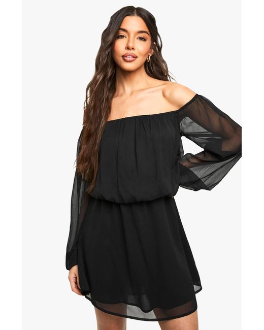 knee length dresses for ladies Gilda Black Velvet Bardot Long-Sleeve Mini Dress – Club L London main image 0