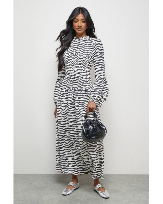 Oasis Gray Satin Shirred Bodice Balloon Sleeve Midi Dress