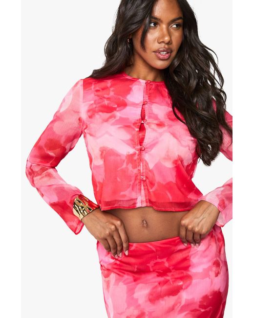 Boohoo Pink Floral Print High Neck Woven Crop Top