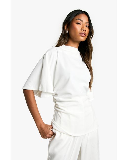 Boohoo White Jersey Crepe High Neck Flared Sleeve Blouse