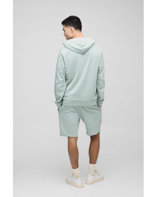 BoohooMAN Green 260gsm Loopback Basic Regular Fit Man. Over The Head Hoodie And Relaxed Jersey Short Set for men