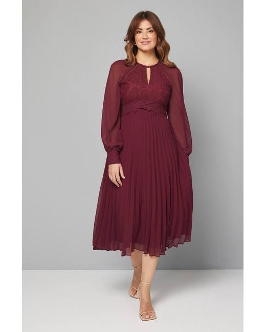 Wallis Women's Red Occasion Lace Insert Pleated Midi Dress