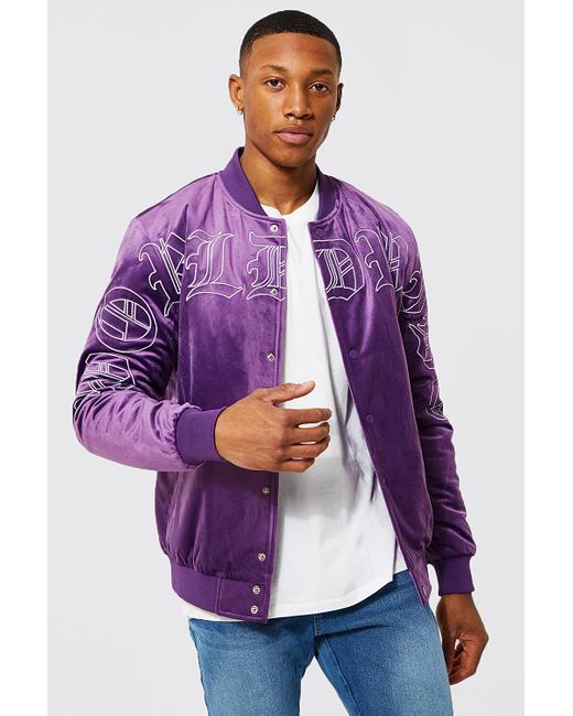 BoohooMAN Denim Tonal Worldwide Varsity Jacket in Purple for Men Lyst