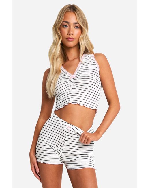 Boohoo White Stripe Booty Short And Tank Pyjama Set