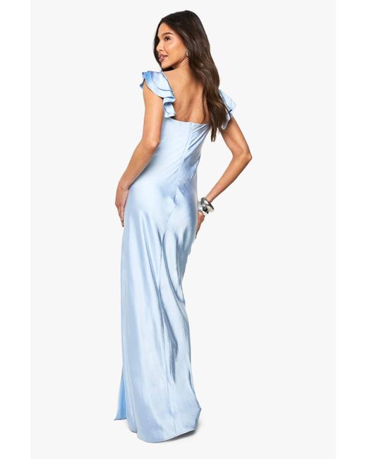Boohoo Blue Satin Frill Sleeve Split Maxi Dress