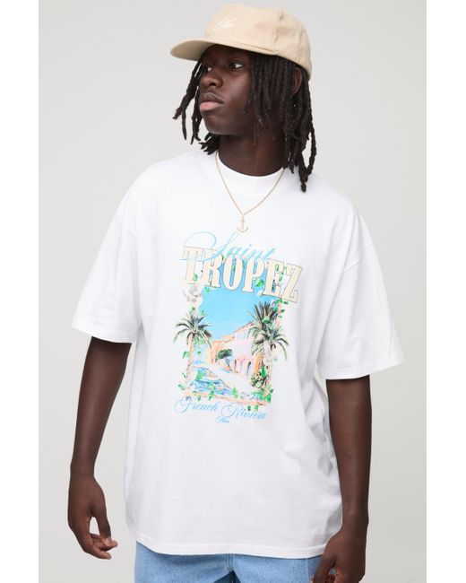BoohooMAN Weißes Oversize T-Shirt mit Saint Tropez Print in White für Herren