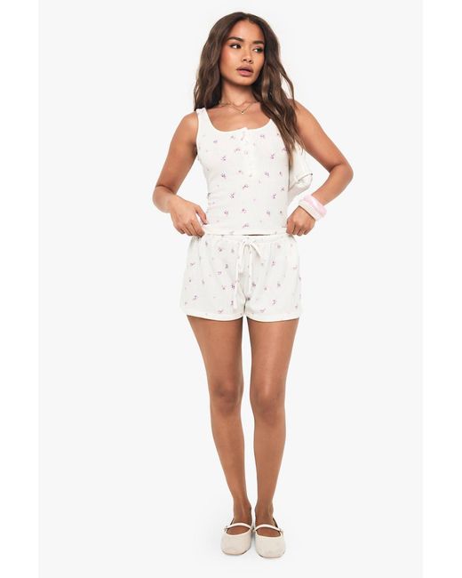 Boohoo White Ditsy Waffle Drawstring Mini Short