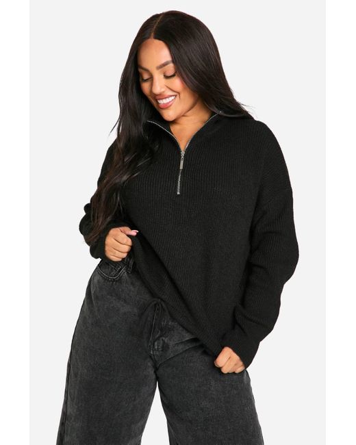 Boohoo Black Plus Drawstring Zip Funnel Neck Jumper