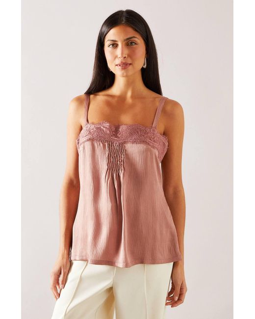 Wallis Pink Crinkle Satin Lace Trim Strappy Top