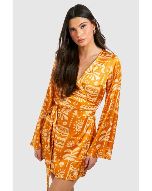Boohoo Orange Satin Printed Wrap Tie Shirt Dress