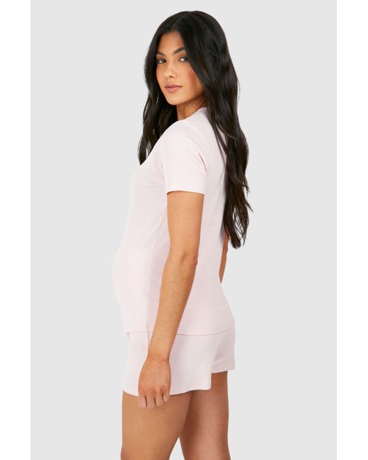 Boohoo White Maternity Rib Lounge T-shirt And Short Set