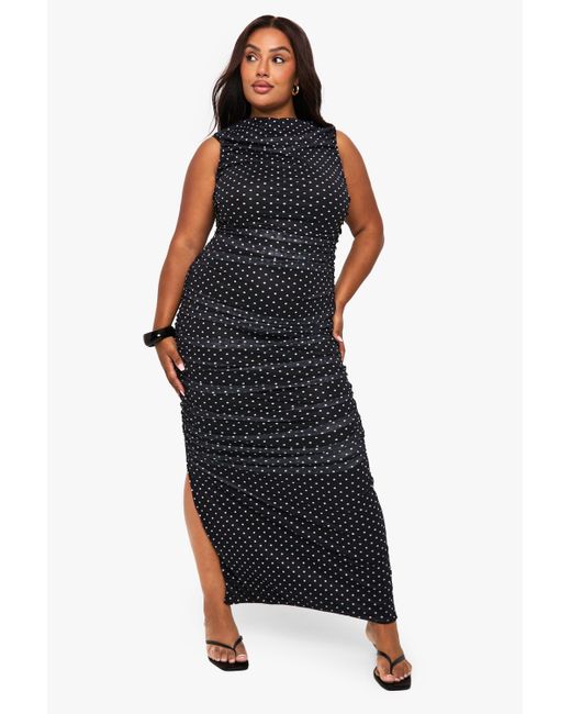 Boohoo Black Plus Mesh Polka Dot Ruched Maxi Dress