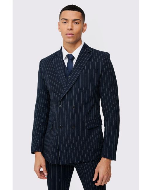 BoohooMAN Blue Skinny Fit Pinstripe Double Breasted Blazer for men