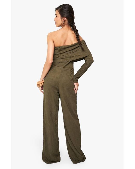 Boohoo Green One Shoulder Wide Leg Textured Jumpsuit