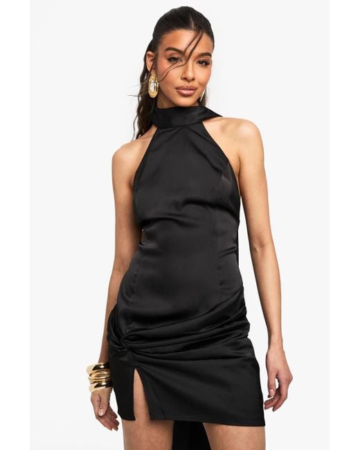 Boohoo Women's Black Satin High Neck Mini Dress