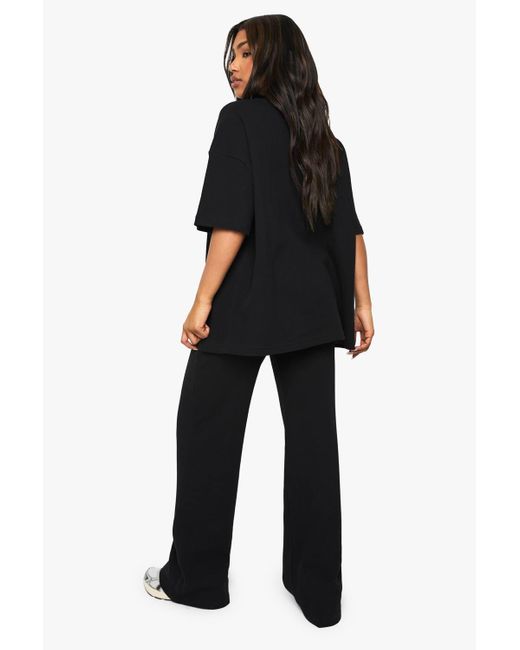 Boohoo Black Waffle Drawstring Wide Leg Trouser
