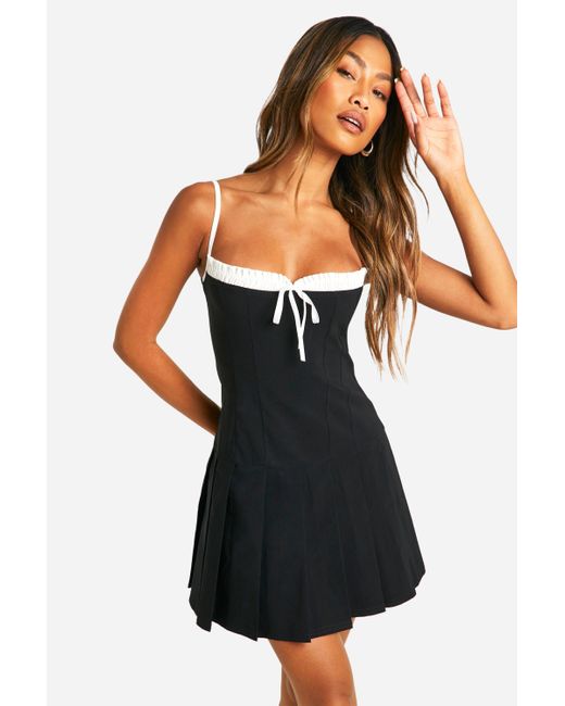 Boohoo Bengaline Tie Front Strappy Skater Dress in Black Lyst Canada