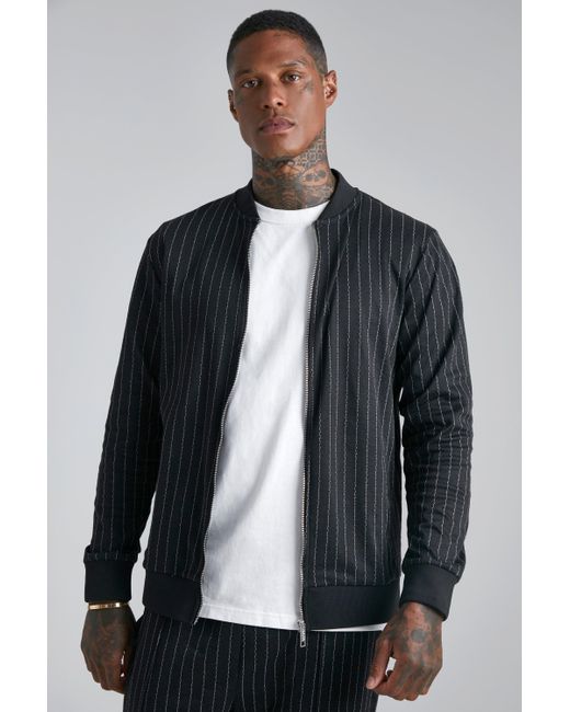 BoohooMAN Denim Slim Fit Pinstripe Jacquard Bomber Jacket in Black