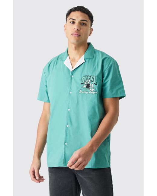 BoohooMAN Short Sleeve Poplin Oversized Offcl Bowling Shirt in Green für Herren