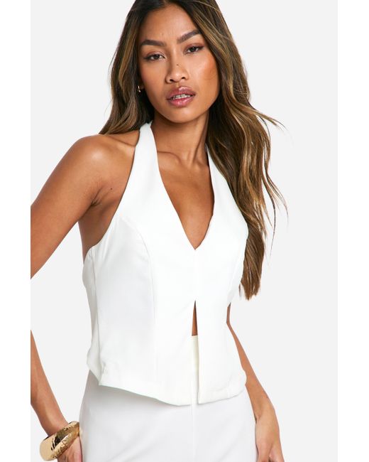 Boohoo White Plunge Front Open Back Fitted Waistcoat