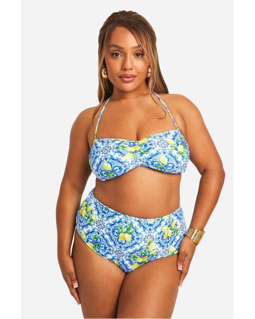 Boohoo Blue Plus Lemon Tile Bikini