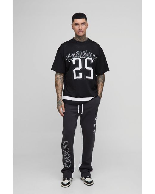 BoohooMAN Blue Tall Star Varsity Mesh Oversized T-Shirt & Slim Gusset Jersey Sweatpants Tracksuit for men