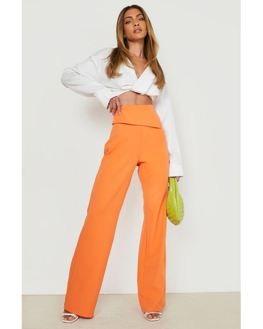 Boohoo Fold Over Waist Detail Wide Leg Pants in Orange | Lyst