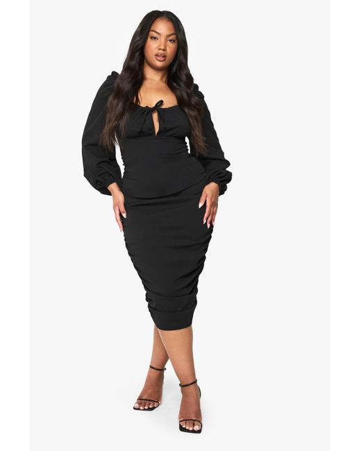 Boohoo Black Plus Blouson Sleeve Rouched Midi Dress