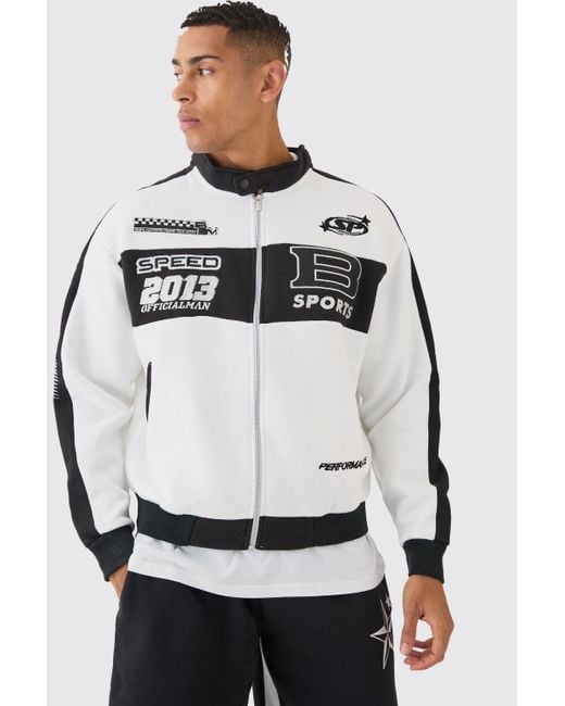 BoohooMAN White Oversized Boxy Moto Embroidered Jersey Jacket for men
