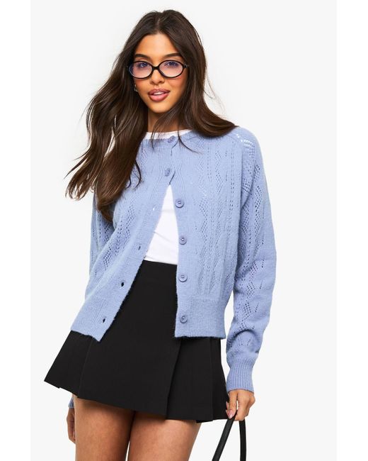 Boohoo Blue Lightweight Cable Knit Crew Neck Cardigan