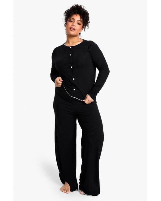 Boohoo Black Plus Rib Contrast Button Rib Top & Trouser Pj Set