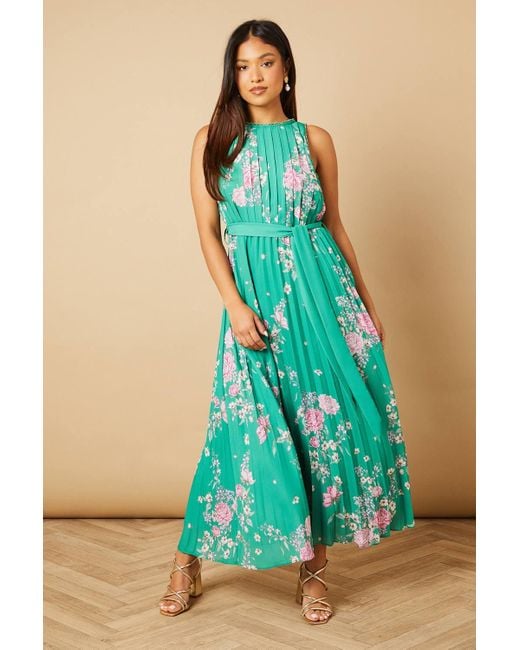 Oasis Green Petite Floral Pleated Belted Midi Dress