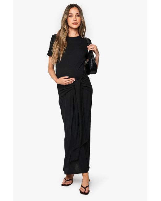 Boohoo Black Maternity Rib Short Sleeve Wrap Midaxi Dress