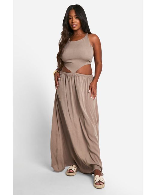 Boohoo Brown Plus Cheesecloth Halterneck Cut Out Maxi Dress