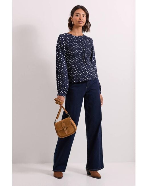 Dorothy Perkins Blue Spot Shirred Bodice Button Through Top