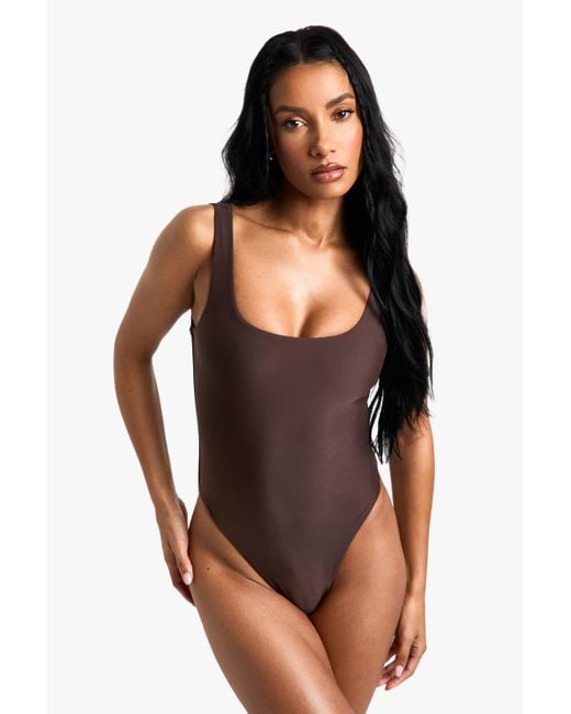 Boohoo Brown Swimwear Essentials Square Neck Bathing Suit